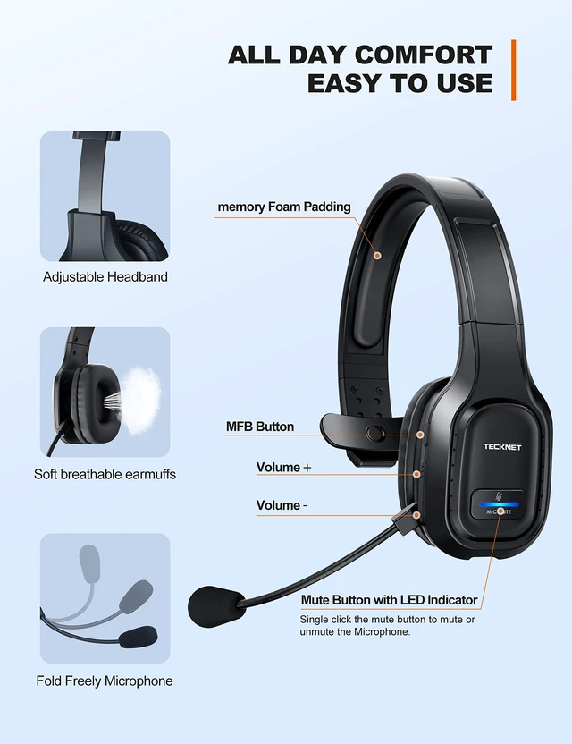 Alt view image 4 of 7 - Trucker Bluetooth Headset, AI Noise Canceling Mic, Wireless On-Ear | AI Noise Canceling Mic reduces background noise for clear calls. Wireless hands-free headset for truckers and office use.