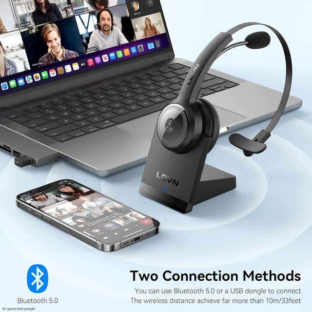 Alt view image 6 of 7 - Bluetooth 5.0 Headset, Wireless Headset with Microphone (AI Noise Cancelling), 35Hrs Bluetooth Headphones with USB Dongle for PC, Suitable for Remote Work/Call Center/Zoom/Online Class, Black