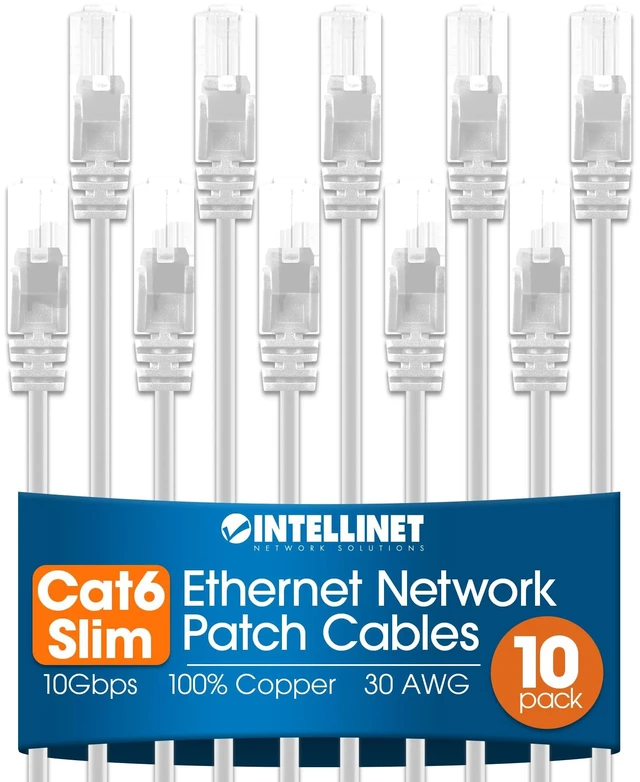 Main image of Cat6 Slim UTP Ethernet Patch Cable 10-Pack, 3 ft, White | 10G 250 MHz pure copper thin cord with 30 AWG stranded wire, gold contacts, snag-free boot, PoE and rack use, resealable bag