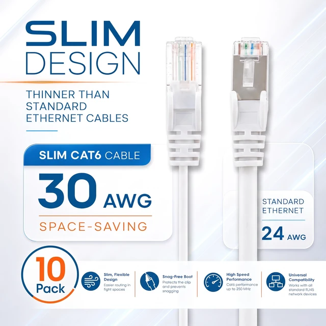 Alt view image 2 of 7 - Cat6 Slim UTP Ethernet Patch Cable 10-Pack, 3 ft, White | 10G 250 MHz pure copper thin cord with 30 AWG stranded wire, gold contacts, snag-free boot, PoE and rack use, resealable bag