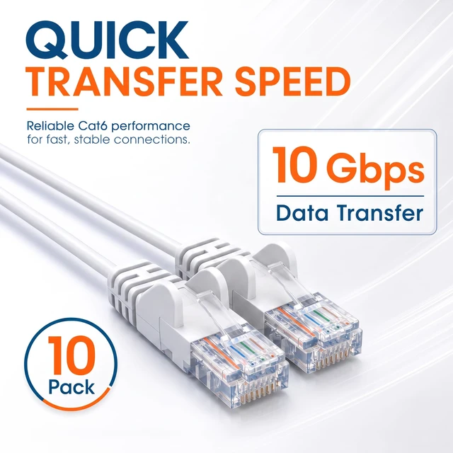 Alt view image 3 of 7 - Cat6 Slim UTP Ethernet Patch Cable 10-Pack, 3 ft, White | 10G 250 MHz pure copper thin cord with 30 AWG stranded wire, gold contacts, snag-free boot, PoE and rack use, resealable bag