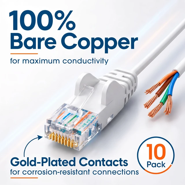 Alt view image 5 of 7 - Cat6 Slim UTP Ethernet Patch Cable 10-Pack, 3 ft, White | 10G 250 MHz pure copper thin cord with 30 AWG stranded wire, gold contacts, snag-free boot, PoE and rack use, resealable bag