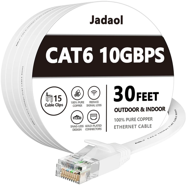 Main image of Cat6/Cat6A Ethernet Cable 30FT Flat with Clips 10Gbps Network, White | 1FT 3FT 5FT 10FT 15FT 20FT 25FT 30FT 35FT 50FT 60FT 75FT 100FT 150FT 200FT LAN Patch Cable for Router, Modem, Switch, Gaming