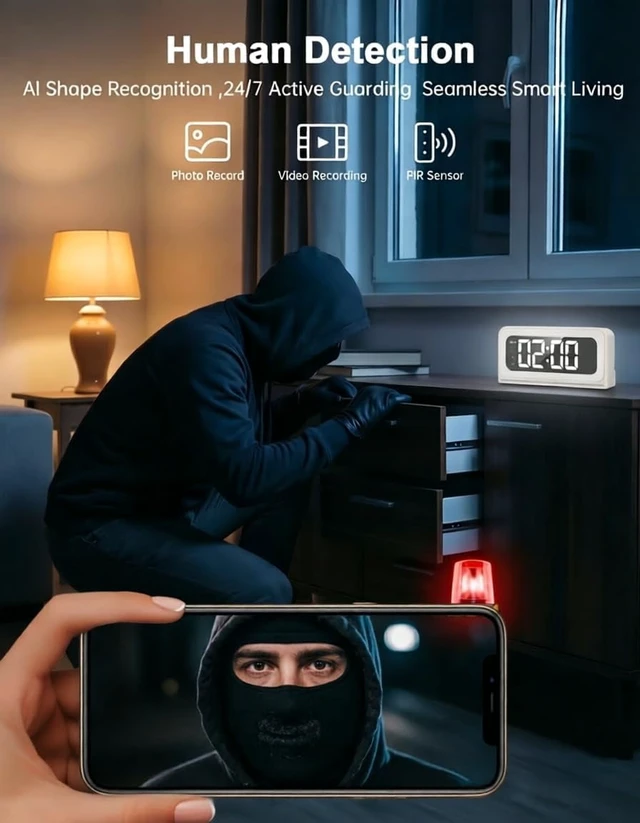 Alt view image 6 of 7 - 2K Alarm Clock Camera, 5G & 2.4G WiFi Indoor Nanny Cam for Home Security, Full Color Night Vision, AI Human Motion Detection, Local SD Storage