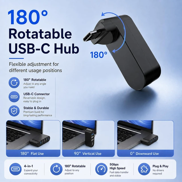 Alt view image 3 of 7 - 4-Port USB C Hub Rotatable 90/180 for MacBook iMac Surface | Rotatable 90/180 fits tight spaces, 1x USB 3.0 + 2x USB 2.0 + 1x USB-C, Plug and play, For MacBook/iMac/Surface, Not for car