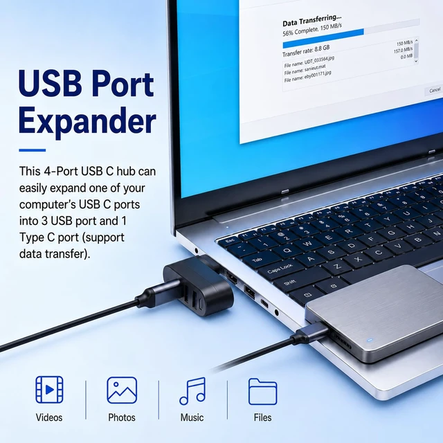 Alt view image 4 of 7 - 4-Port USB C Hub Rotatable 90/180 for MacBook iMac Surface | Rotatable 90/180 fits tight spaces, 1x USB 3.0 + 2x USB 2.0 + 1x USB-C, Plug and play, For MacBook/iMac/Surface, Not for car
