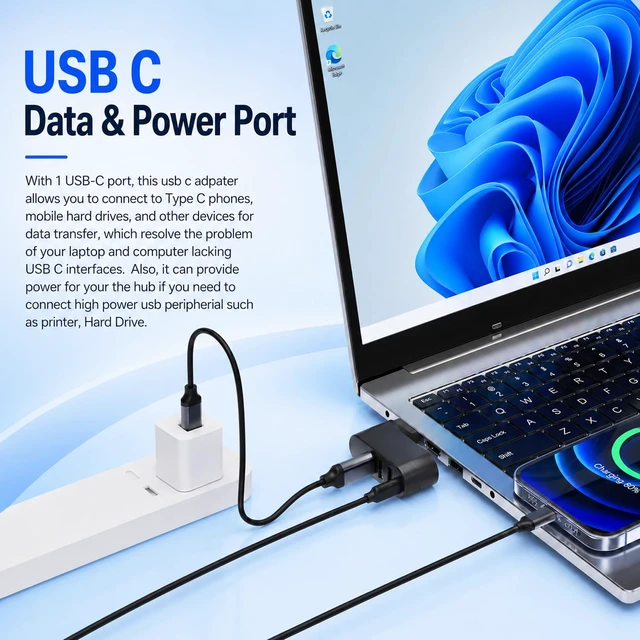 Alt view image 5 of 7 - 4-Port USB C Hub Rotatable 90/180 for MacBook iMac Surface | Rotatable 90/180 fits tight spaces, 1x USB 3.0 + 2x USB 2.0 + 1x USB-C, Plug and play, For MacBook/iMac/Surface, Not for car