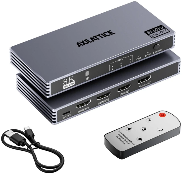 Main image of 8K@60Hz HDMI Switch 3 in 1 Out, 4K@240Hz, HDMI 2.1 Switcher with Remote | Aluminum, Support Auto-Switch, G-Sync HDR HDCP 2.3, HDMI Splitter Compatible with PS, Xbox, Switch, Roku, Fire Stick