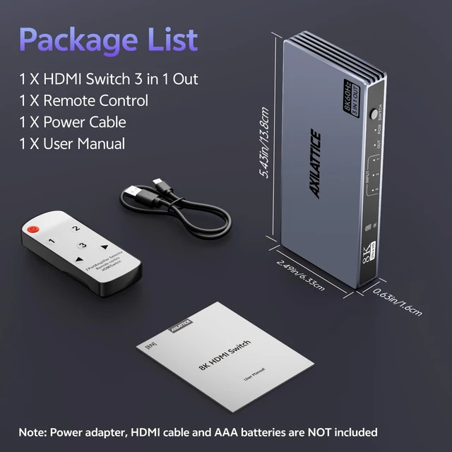 Alt view image 7 of 7 - 8K@60Hz HDMI Switch 3 in 1 Out, 4K@240Hz, HDMI 2.1 Switcher with Remote | Aluminum, Support Auto-Switch, G-Sync HDR HDCP 2.3, HDMI Splitter Compatible with PS, Xbox, Switch, Roku, Fire Stick