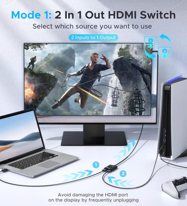 Alt view image 3 of 7 - HDMI Switch 2 in 1 Out, 4K@60Hz Switcher with 3.3ft HDMI Cable-Black | Aluminum 1 in 2 Out Bidirectional HDMI Selector Box, Monitor Switch for 2 Computers, Multi Port Adapter for TV/PS5/Xbox/Roku