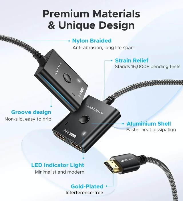 Alt view image 5 of 7 - HDMI Switch 2 in 1 Out, 4K@60Hz Switcher with 3.3ft HDMI Cable-Black | Aluminum 1 in 2 Out Bidirectional HDMI Selector Box, Monitor Switch for 2 Computers, Multi Port Adapter for TV/PS5/Xbox/Roku