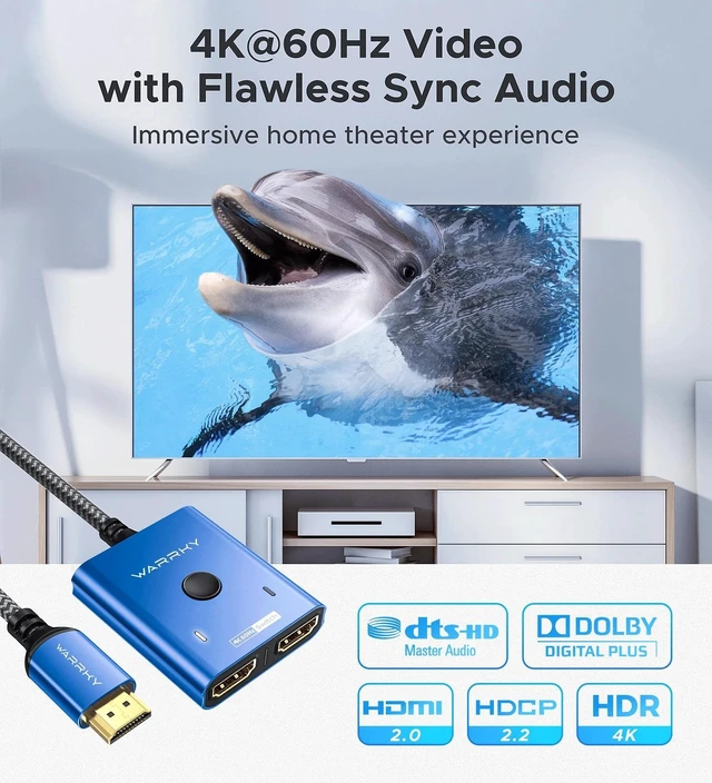 Alt view image 4 of 7 - HDMI Switch 2 in 1 Out, 4K@60Hz Switcher with 3.3ft HDMI Cable -Blue | Aluminum 1 in 2 Out Bidirectional HDMI Selector Box, Monitor Switch for 2 Computers, Multi Port Adapter for TV/PS5/Xbox/Roku