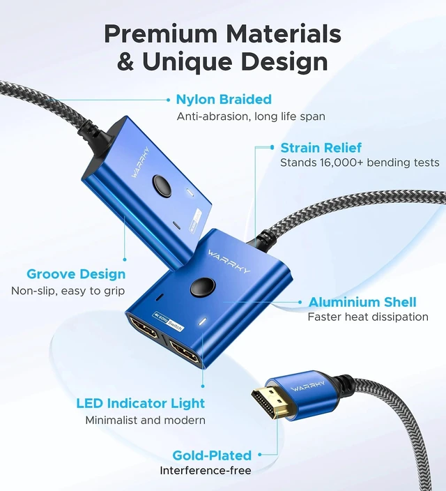 Alt view image 5 of 7 - HDMI Switch 2 in 1 Out, 4K@60Hz Switcher with 3.3ft HDMI Cable -Blue | Aluminum 1 in 2 Out Bidirectional HDMI Selector Box, Monitor Switch for 2 Computers, Multi Port Adapter for TV/PS5/Xbox/Roku