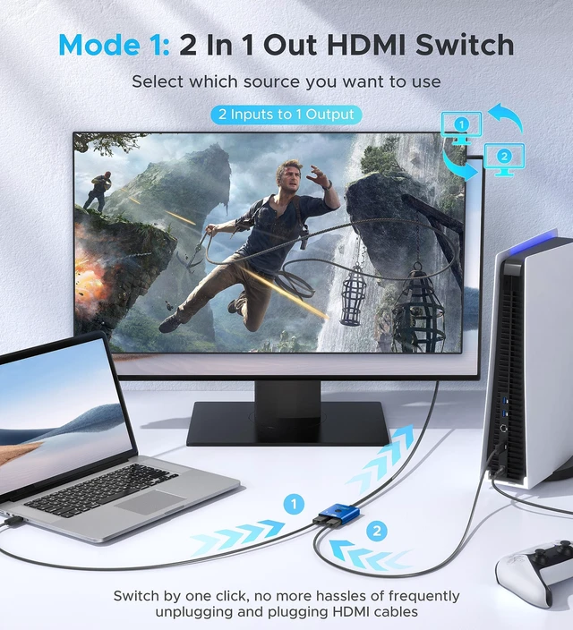 Alt view image 2 of 7 - HDMI Switch 2 in 1 Out, 4K@60Hz Switcher with 3.3ft HDMI Cable -Blue | Aluminum 1 in 2 Out Bidirectional HDMI Selector Box, Monitor Switch for 2 Computers, Multi Port Adapter for TV/PS5/Xbox/Roku