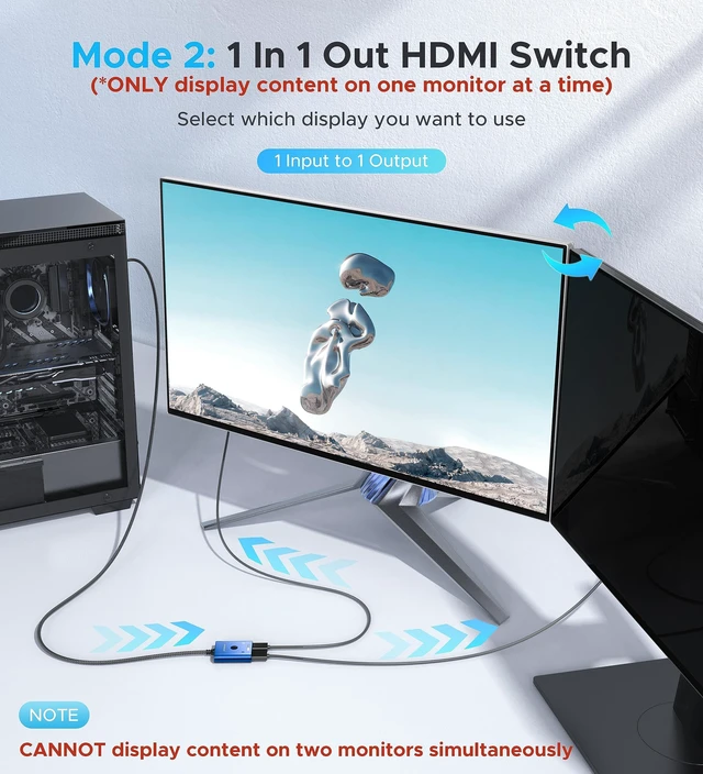 Alt view image 3 of 7 - HDMI Switch 2 in 1 Out, 4K@60Hz Switcher with 3.3ft HDMI Cable -Blue | Aluminum 1 in 2 Out Bidirectional HDMI Selector Box, Monitor Switch for 2 Computers, Multi Port Adapter for TV/PS5/Xbox/Roku