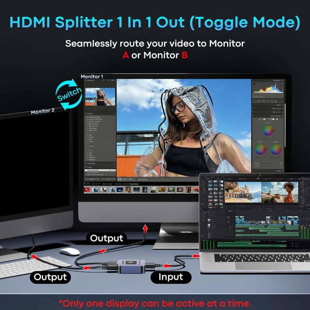 Alt view image 4 of 7 - HDMI Switch 2 in 1 Out, 4K60Hz Bidirectional Switcher 1 in 2 Out | Multi HDMI Splitter with 3D HDR HDCP Dolby, Monitor Switch for 2 Computers, AB Selector Box for TV Laptop Roku Gaming Console