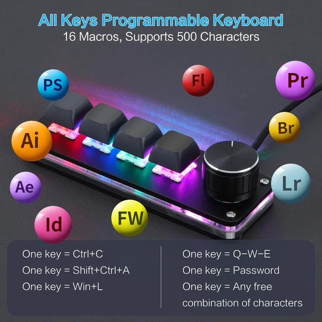 Alt view image 2 of 7 - Macro Programmable Keypad, One Handed Programmable Mechanical Keyboard, RGB Blue Switch Hot Swappable, 4 Keys 1 Knob Backlit Keypad for Working and Gaming, Black