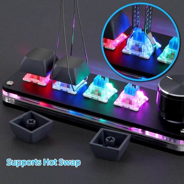 Alt view image 5 of 7 - Macro Programmable Keypad, One Handed Programmable Mechanical Keyboard, RGB Blue Switch Hot Swappable, 4 Keys 1 Knob Backlit Keypad for Working and Gaming, Black