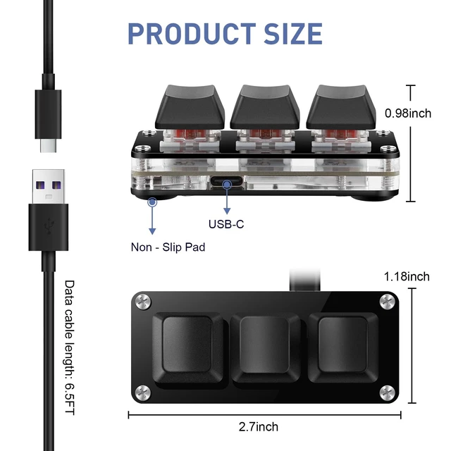 Alt view image 2 of 7 - Mini 3-Key Programmable Keyboard with Hotswappable Mechanical Switches | For Rhythm Games RGB Gaming Keypad for Customized Macros Office Work Copy Paste Shortcut Keys