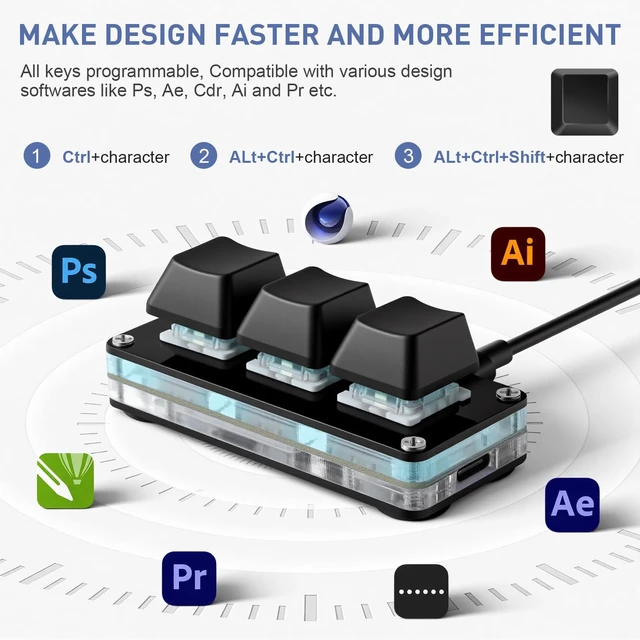 Alt view image 5 of 7 - Mini 3-Key Programmable Keyboard with Hotswappable Mechanical Switches | For Rhythm Games RGB Gaming Keypad for Customized Macros Office Work Copy Paste Shortcut Keys