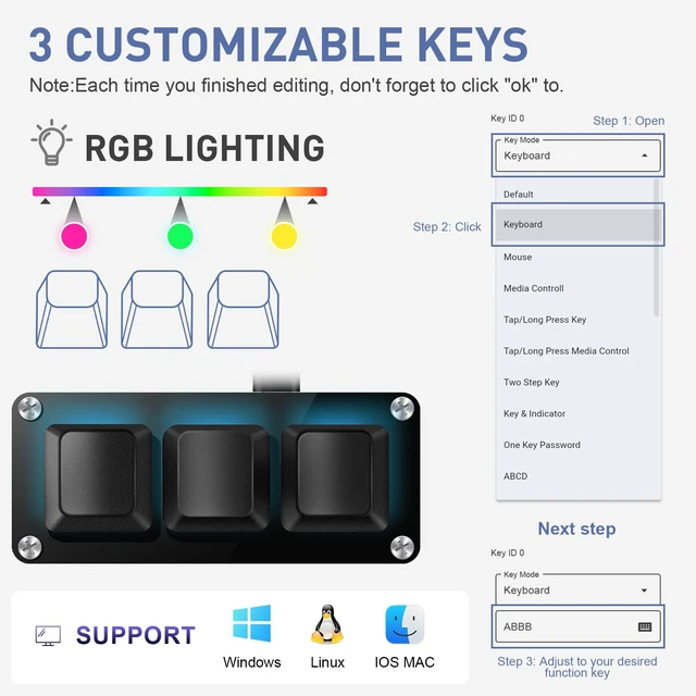 Alt view image 6 of 7 - Mini 3-Key Programmable Keyboard with Hotswappable Mechanical Switches | For Rhythm Games RGB Gaming Keypad for Customized Macros Office Work Copy Paste Shortcut Keys