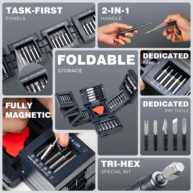 Alt view image 5 of 7 - 55-in-1 Precision Magnetic Screwdriver Set, Foldable Electronics Repair Tool Kit with Transformable T-Handle, CR-V Steel Bits, Mini Screwdriver Kit for Laptop, PC, Phone, Watch, Eyeglasses