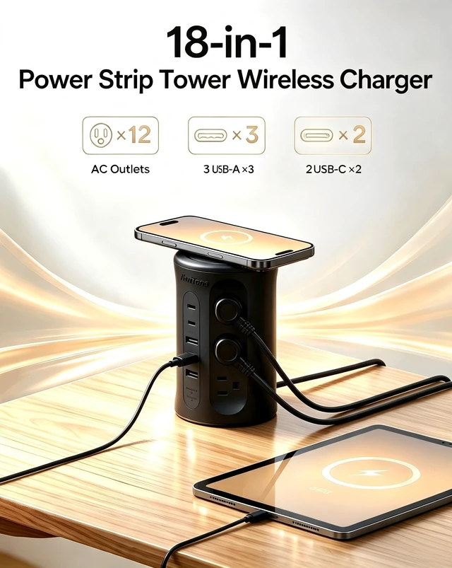 Alt view image 2 of 7 - Power Strip Tower with USB Ports, 6.5 FT Extension Cord with Multiple Outlets (12AC+3A+2C) for Home Office Desk College Dorm Room Supplies