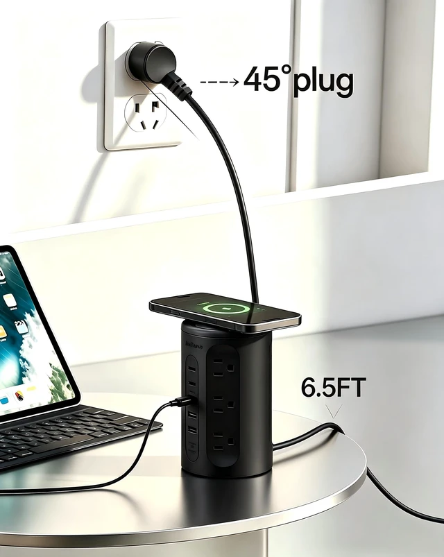 Alt view image 5 of 7 - Power Strip Tower with USB Ports, 6.5 FT Extension Cord with Multiple Outlets (12AC+3A+2C) for Home Office Desk College Dorm Room Supplies