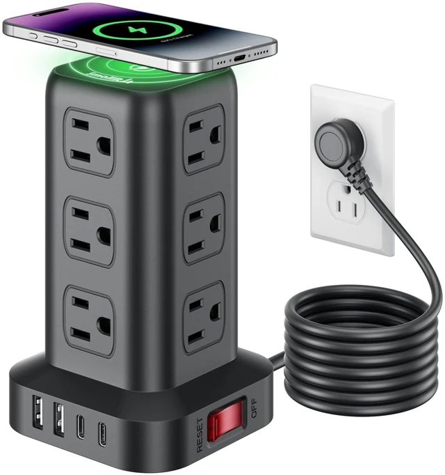 Main image of Extension Cord with Multiple Outlets, Power Strip Tower, Outlet Extender with 12 AC Outlets 4 USB, 6.5FT Extension Cord for Home Dorm Room, Office Supplies, Overload Protection