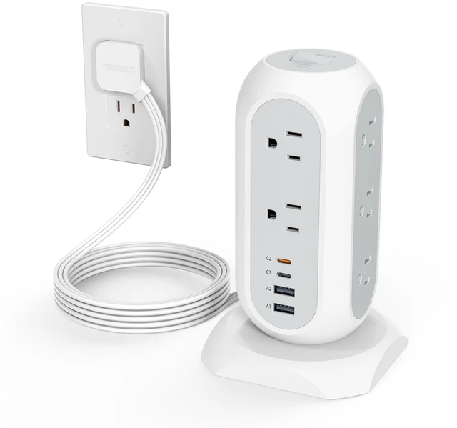 Main image of Tower Power Strip Flat Plug with 1050J Surge Protection, 6 Ft, Grey | 11 Outlets 4 USB (2 USB C), Surge Protector Power Tower, Extension Cord with Multiple Outlets, 20W PD Charging Station, Dorm