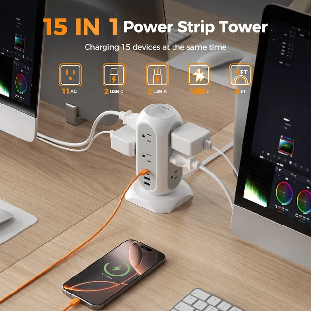 Alt view image 2 of 7 - Tower Power Strip Flat Plug with 1050J Surge Protection, 6 Ft, Grey | 11 Outlets 4 USB (2 USB C), Surge Protector Power Tower, Extension Cord with Multiple Outlets, 20W PD Charging Station, Dorm