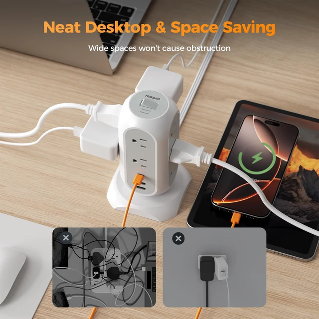 Alt view image 3 of 7 - Tower Power Strip Flat Plug with 1050J Surge Protection, 6 Ft, Grey | 11 Outlets 4 USB (2 USB C), Surge Protector Power Tower, Extension Cord with Multiple Outlets, 20W PD Charging Station, Dorm