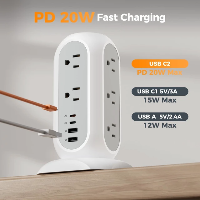 Alt view image 5 of 7 - Tower Power Strip Flat Plug with 1050J Surge Protection, 6 Ft, Grey | 11 Outlets 4 USB (2 USB C), Surge Protector Power Tower, Extension Cord with Multiple Outlets, 20W PD Charging Station, Dorm