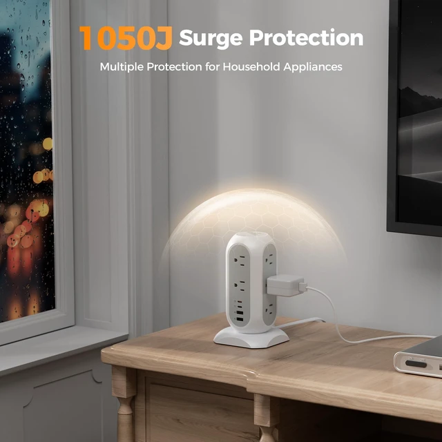 Alt view image 6 of 7 - Tower Power Strip Flat Plug with 1050J Surge Protection, 6 Ft, Grey | 11 Outlets 4 USB (2 USB C), Surge Protector Power Tower, Extension Cord with Multiple Outlets, 20W PD Charging Station, Dorm