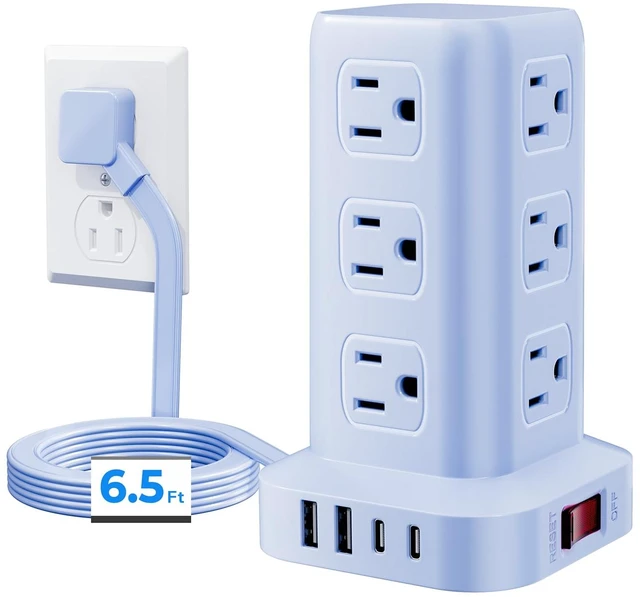 Main image of Power Strip with 12 Outlets 4 USB (1 USB C), 6.5Feet Extension Cord with Multiple Outlets, Charging Station, Blue Power Strip Tower, Home Office Desk Supplies
