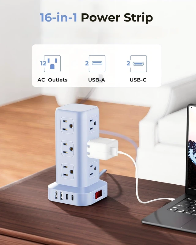 Alt view image 2 of 7 - Power Strip with 12 Outlets 4 USB (1 USB C), 6.5Feet Extension Cord with Multiple Outlets, Charging Station, Blue Power Strip Tower, Home Office Desk Supplies
