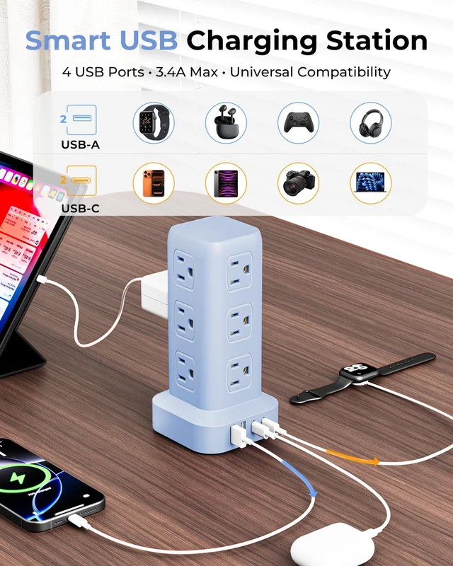 Alt view image 3 of 7 - Power Strip with 12 Outlets 4 USB (1 USB C), 6.5Feet Extension Cord with Multiple Outlets, Charging Station, Blue Power Strip Tower, Home Office Desk Supplies