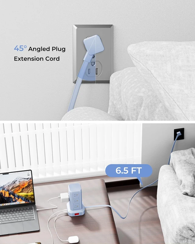 Alt view image 4 of 7 - Power Strip with 12 Outlets 4 USB (1 USB C), 6.5Feet Extension Cord with Multiple Outlets, Charging Station, Blue Power Strip Tower, Home Office Desk Supplies