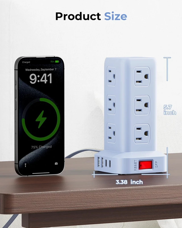 Alt view image 5 of 7 - Power Strip with 12 Outlets 4 USB (1 USB C), 6.5Feet Extension Cord with Multiple Outlets, Charging Station, Blue Power Strip Tower, Home Office Desk Supplies