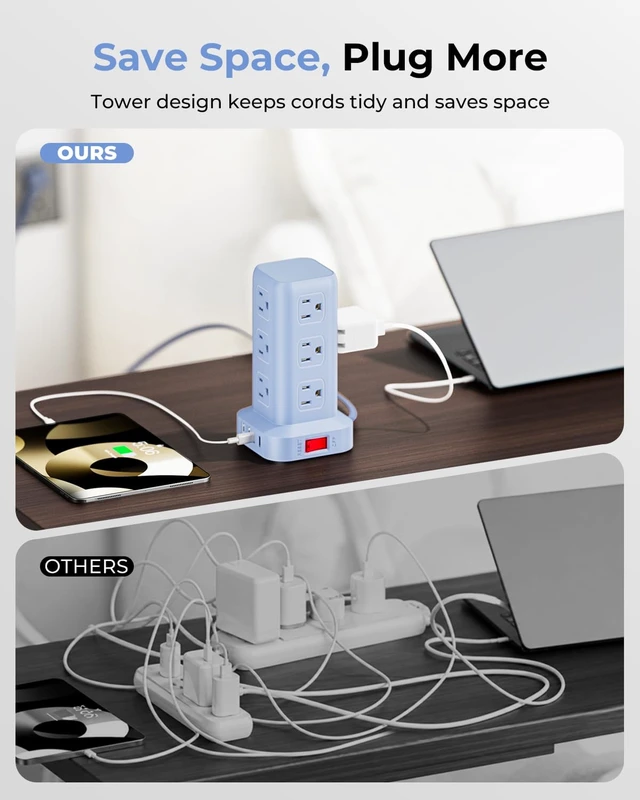 Alt view image 6 of 7 - Power Strip with 12 Outlets 4 USB (1 USB C), 6.5Feet Extension Cord with Multiple Outlets, Charging Station, Blue Power Strip Tower, Home Office Desk Supplies