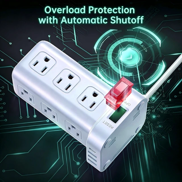 Alt view image 7 of 7 - Power Strip with 12 Outlets 4 USB (1 USB C), 6.5Feet Extension Cord with Multiple Outlets, Charging Station, Blue Power Strip Tower, Home Office Desk Supplies