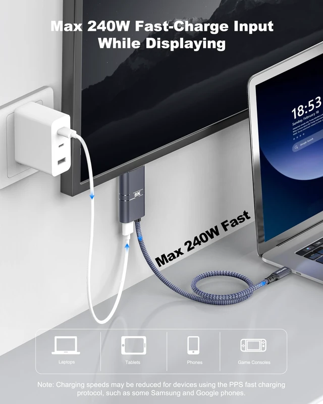 Alt view image 7 of 7 - USB C to HDMI Cable with 240W PD Fast Charging, 8K@60HZ,4K@120Hz,Thunderbolt 5/4/3 Compatible,Upgraded Braided 2-in-1 Type C to HDMI for MacBook, iPhone17/16/15,iPad,HDTV(6.6FT,Grey)