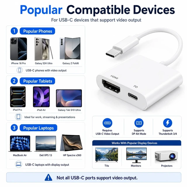 Alt view image 2 of 7 - USB C to HDMI Adapter 4K@60Hz with 100W PD Charging, USB-C to HDMI Converter for Monitor, TV, Projector, Plug & Play Type-C HDMI Adapter Compatible with MacBook Pro/Air, iPad Pro, Samsung, Dell XPS