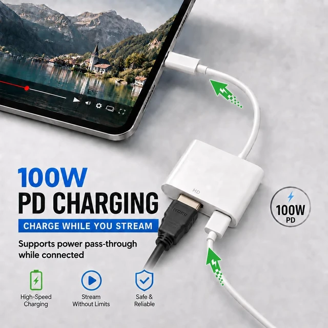 Alt view image 3 of 7 - USB C to HDMI Adapter 4K@60Hz with 100W PD Charging, USB-C to HDMI Converter for Monitor, TV, Projector, Plug & Play Type-C HDMI Adapter Compatible with MacBook Pro/Air, iPad Pro, Samsung, Dell XPS