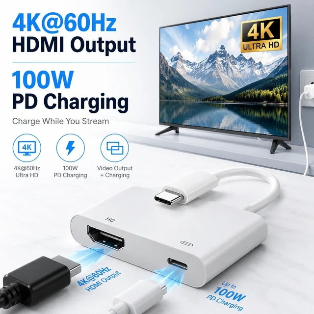 Alt view image 4 of 7 - USB C to HDMI Adapter 4K@60Hz with 100W PD Charging, USB-C to HDMI Converter for Monitor, TV, Projector, Plug & Play Type-C HDMI Adapter Compatible with MacBook Pro/Air, iPad Pro, Samsung, Dell XPS