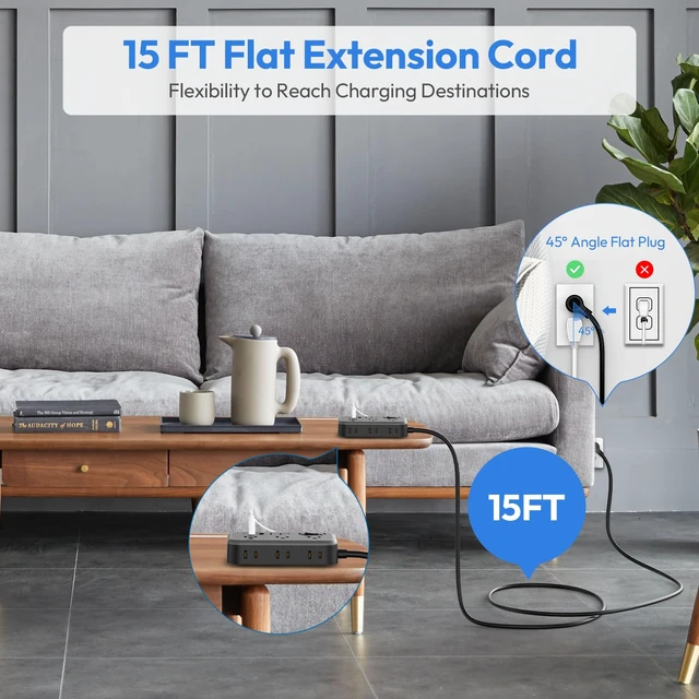 Alt view image 2 of 7 - 6 Widely Spaced Outlet(2 Side) Power Strip with 4 USB Ports, Extension Cord 15 Ft