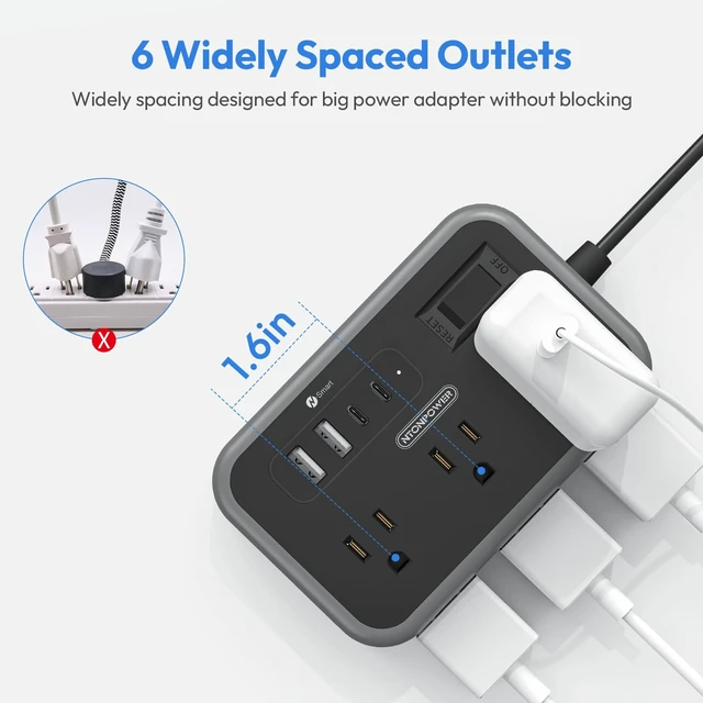 Alt view image 3 of 7 - 6 Widely Spaced Outlet(2 Side) Power Strip with 4 USB Ports, Extension Cord 15 Ft