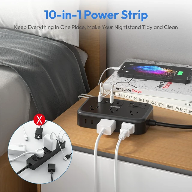 Alt view image 4 of 7 - 6 Widely Spaced Outlet(2 Side) Power Strip with 4 USB Ports, Extension Cord 15 Ft