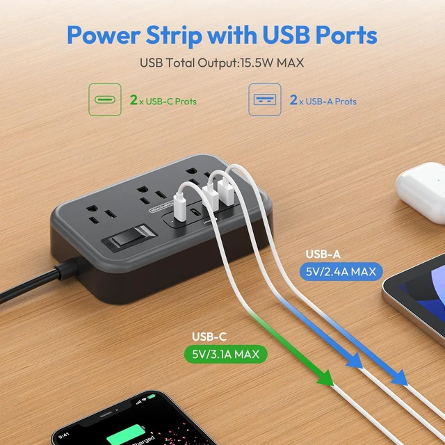 Alt view image 5 of 7 - 6 Widely Spaced Outlet(2 Side) Power Strip with 4 USB Ports, Extension Cord 15 Ft