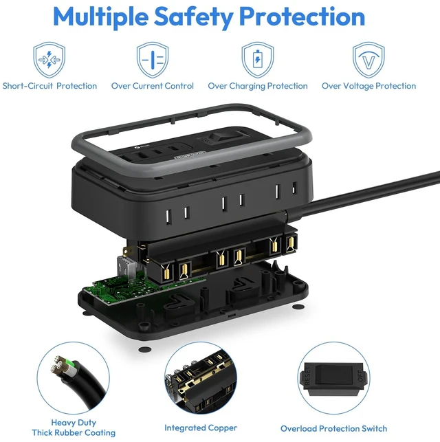 Alt view image 6 of 7 - 6 Widely Spaced Outlet(2 Side) Power Strip with 4 USB Ports, Extension Cord 15 Ft